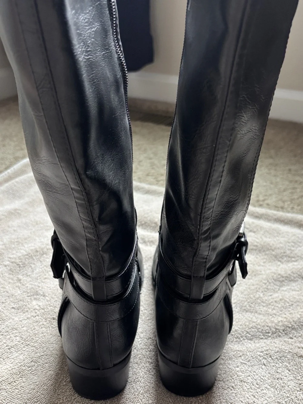 Unisa Black Leather Over-the-Knee Boots with Strap Detail